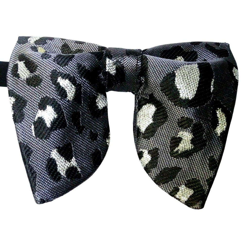 Mens Leopard Print Bow Tie Metallic Silver Grey Black Woven Pre-Tied Adjustable